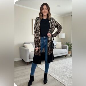 Joseph A Long Open Front Cardigan Size Large Leopard Print M